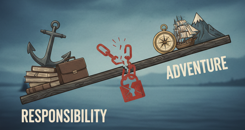 Seesaw balancing responsibility and adventure showing false choice between stability and career growth