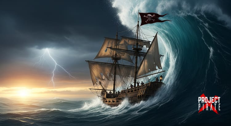 Large wave hitting a pirate galleon out in the ocean during a storm
