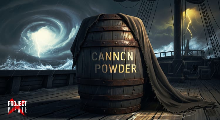 Project Pirate - Gunpowder barrel with protective cover against stormy sea, symbolising strategic restraint