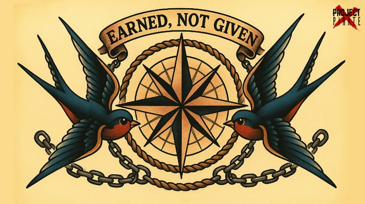 Sailor Jerry-style tattoo with two swallows, compass rose, nautical rope and chains, 'Earned, not given' banner above