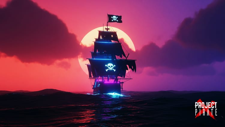 Dramatic pirate ship silhouette on dark ocean with neon lighting and glowing horizon.