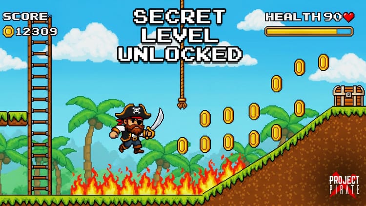 Pixel art gaming scene showing 'SECRET LEVEL UNLOCKED' with pirate character collecting golden coins.