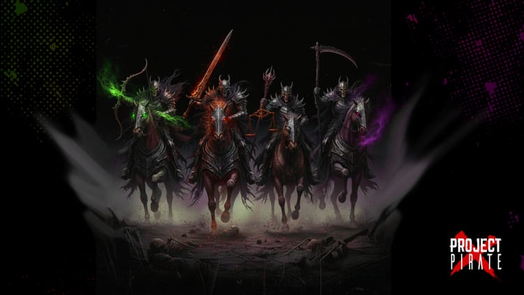 The biblical Four Horsemen of the Apocalypse charging across a stormy battlefield, each carrying different weapons