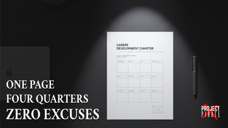One-page Career Development Charter template with quarterly goals grid illuminated on modern dark desk.