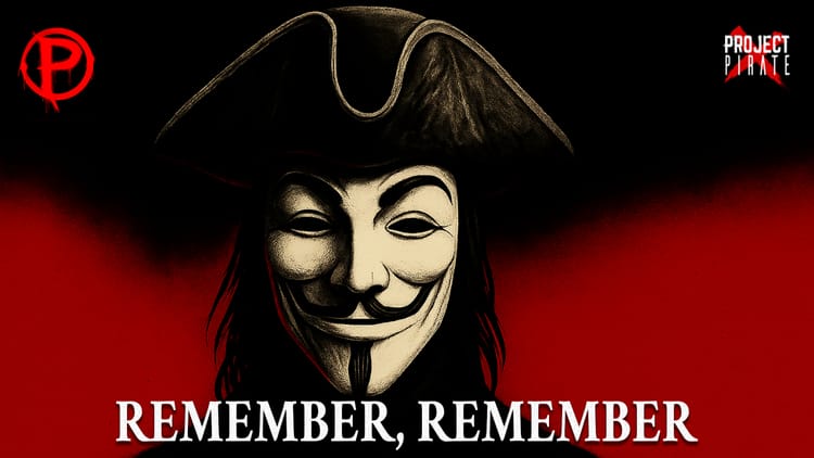 Guy Fawkes mask wearing a pirate tricorn hat against red and black background with text 'REMEMBER, REMEMBER