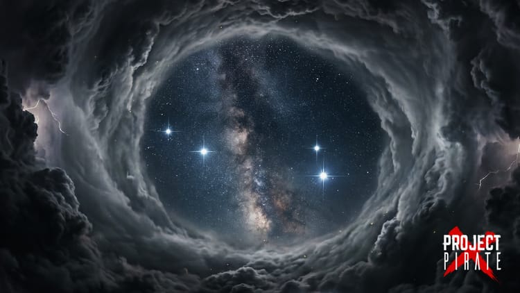 A hurricane eye viewed from within — storm clouds rotating at the edges.
