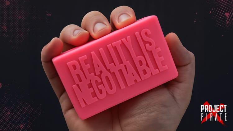 A pink soap bar embossed with the words "Reality Is Negotiable," styled as a Fight Club reference.