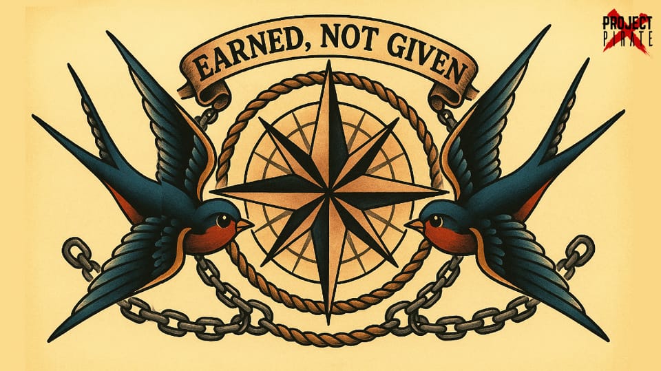 Sailor Jerry-style tattoo with two swallows, compass rose, nautical rope and chains, 'Earned, not given' banner above