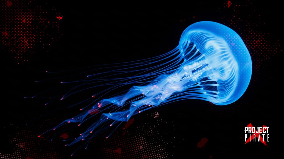 Blue jellyfish with flowing tentacles against dark background, representing the lingering effects of hindsight 