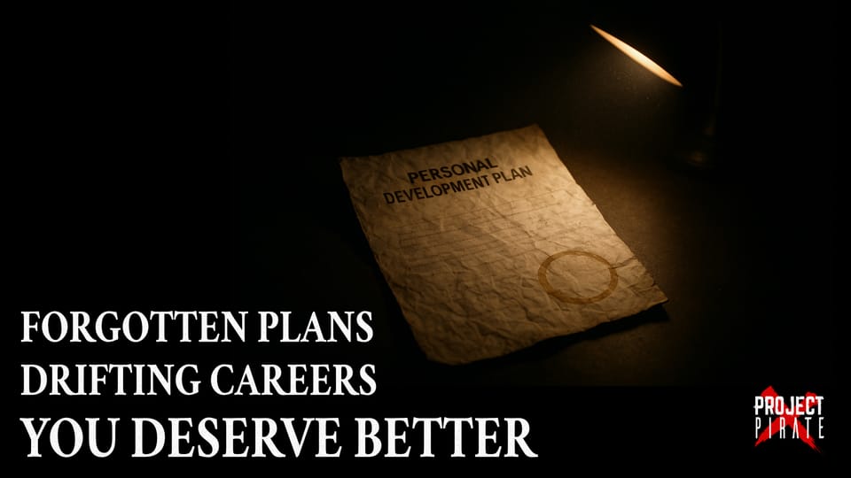 Abandoned personal development plan with coffee stain under dramatic lighting, symbolising neglected career planning