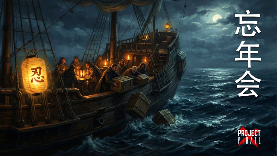 Ship crew jettisoning cargo crates into stormy seas at night, illuminated by Japanese lanterns with Bonenkai text