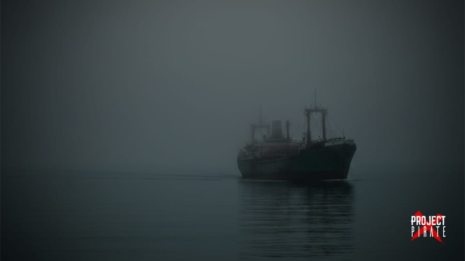 Cargo ship disappearing into fog on calm waters.