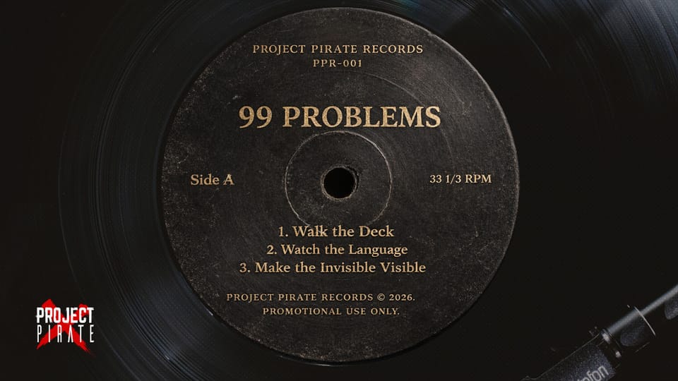 A worn vinyl record on a turntable, label reading "Project Pirate Records - 99 Problems, Side A