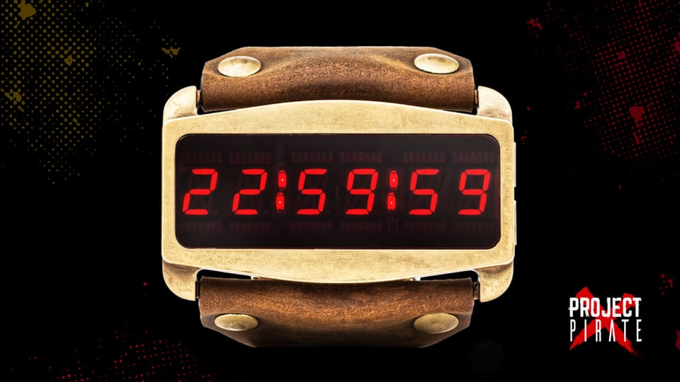Clock timer showing 22:59:59 against a dark background with Project Pirate branding.